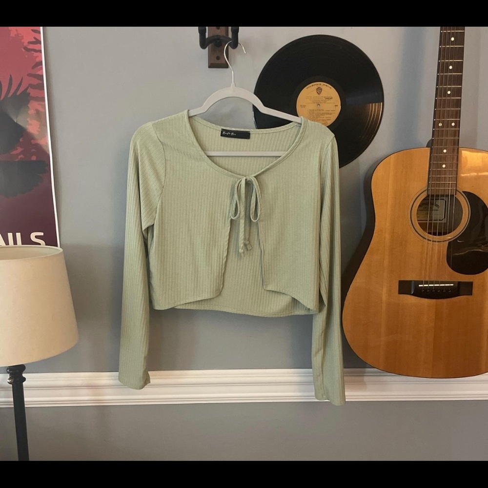 Sage green tie in front cropped cardigan